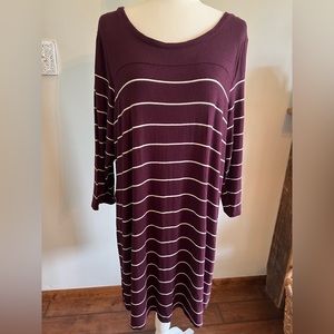 Maurices 3/4 Sleeve Maroon and White Striped Knit Dress